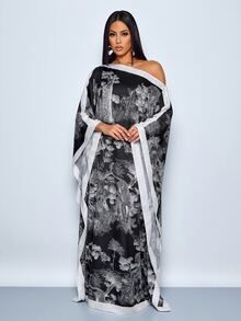 SOLERSUN 女款不對稱單肩花卉印花拼接休閒波西米亞優雅派對晚餐雞尾酒度假酒吧狂歡旅行洋裝，黑白配色，夏季 - 黑色 - 查看 7