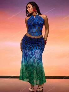 Orbivine Plus Size Women's Halter Top And Skirt Casual 2 Pieces Set - Blue - View 5