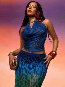 Orbivine Plus Size Women's Halter Top And Skirt Casual 2 Pieces Set - Blue - View 8