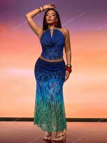 Orbivine Plus Size Women's Halter Top And Skirt Casual 2 Pieces Set - Blue - View 4