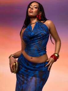 Orbivine Plus Size Women's Halter Top And Skirt Casual 2 Pieces Set - Blue - View 3