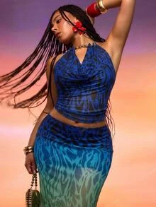 Orbivine Plus Size Women's Halter Top And Skirt Casual 2 Pieces Set - Blue - View 2