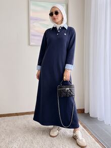 Solavon 女款拼接條紋 Polo 領長袖休閒運動衫洋裝 - 藍色 - 查看 4