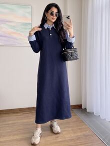 Solavon 女款拼接條紋 Polo 領長袖休閒運動衫洋裝 - 藍色 - 查看 7