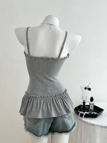Elamini Women Summer Casual Solid Color Ruched Bust Ruffle Trim Slim-Fit Camisole - Grey - View 2