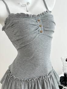 Elamini Women Summer Casual Solid Color Ruched Bust Ruffle Trim Slim-Fit Camisole - Grey - View 7