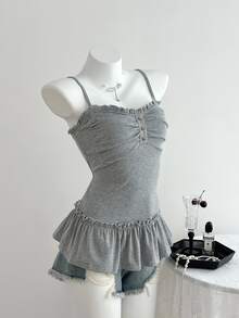Elamini Women Summer Casual Solid Color Ruched Bust Ruffle Trim Slim-Fit Camisole - Grey - View 4