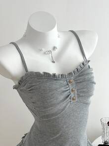 Elamini Women Summer Casual Solid Color Ruched Bust Ruffle Trim Slim-Fit Camisole - Grey - View 5
