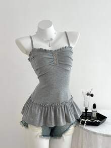 Elamini Women Summer Casual Solid Color Ruched Bust Ruffle Trim Slim-Fit Camisole - Grey - View 6