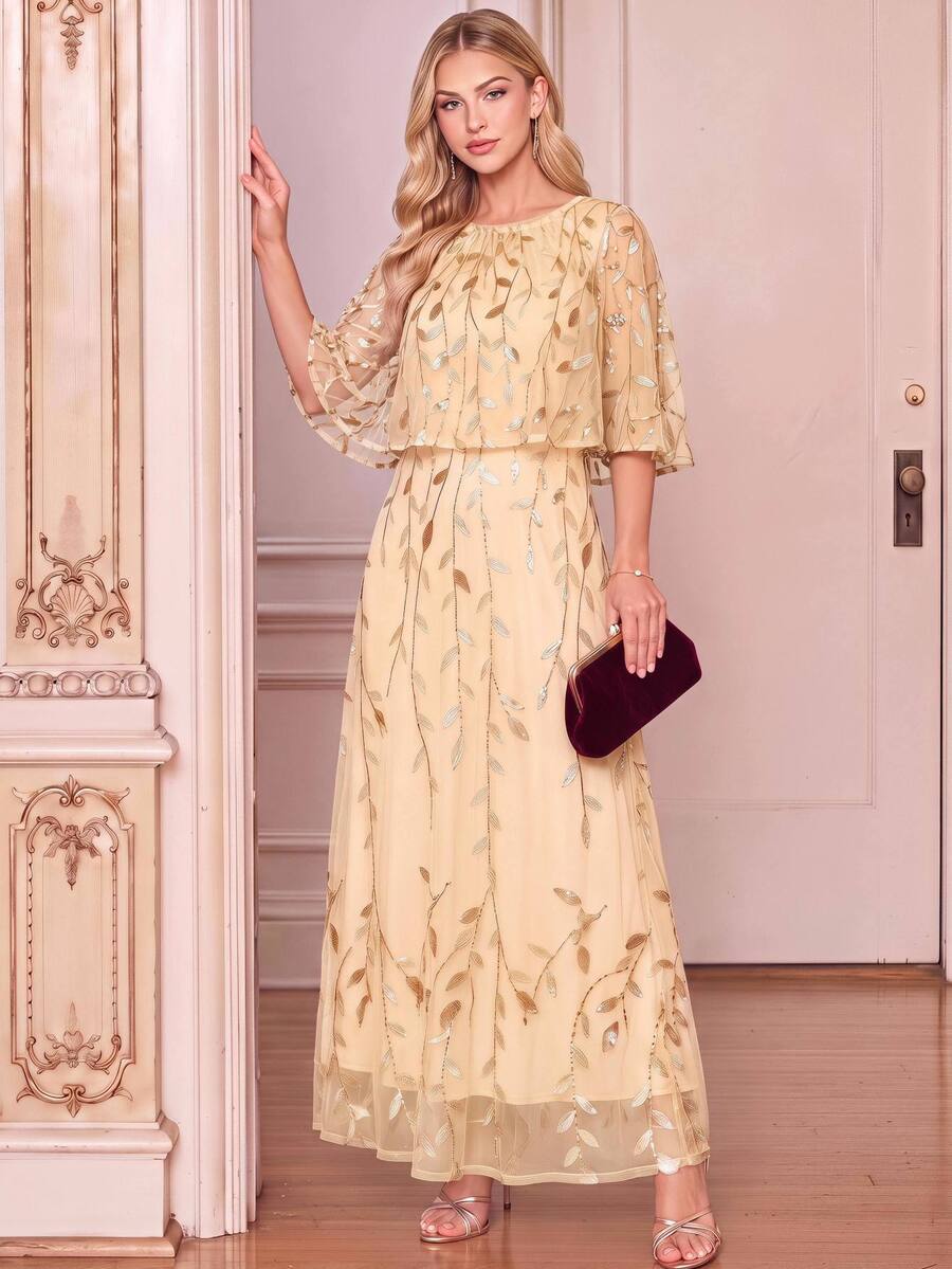 Amorya Women's Elegant Sequin Dress For Evening Party And Date - Apricot - View 1