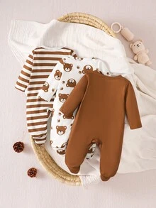SHEIN 3pcs Newborn Baby Boy Girl Jumpsuit Set Daily Casual Brown Stripe Bear Print Long Sleeve Footed Multi Pack Soft Regular Thickness Autumn Winter - Brown - View 3