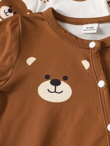 SHEIN 3pcs Newborn Baby Boy Girl Jumpsuit Set Daily Casual Brown Stripe Bear Print Long Sleeve Footed Multi Pack Soft Regular Thickness Autumn Winter - Brown - View 7