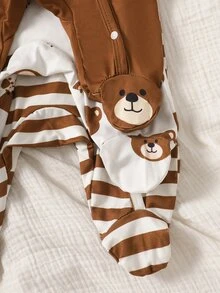 SHEIN 3pcs Newborn Baby Boy Girl Jumpsuit Set Daily Casual Brown Stripe Bear Print Long Sleeve Footed Multi Pack Soft Regular Thickness Autumn Winter - Brown - View 5