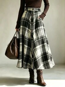 SHEIN Autumn/Winter Black And White Large Plaid High Waist Front Button Slimming Drape A-Line Long Skirt Elegant Outfit For Women Outing - Multicolor - View 4