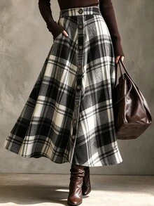 SHEIN Autumn/Winter Black And White Large Plaid High Waist Front Button Slimming Drape A-Line Long Skirt Elegant Outfit For Women Outing - Multicolor - View 1