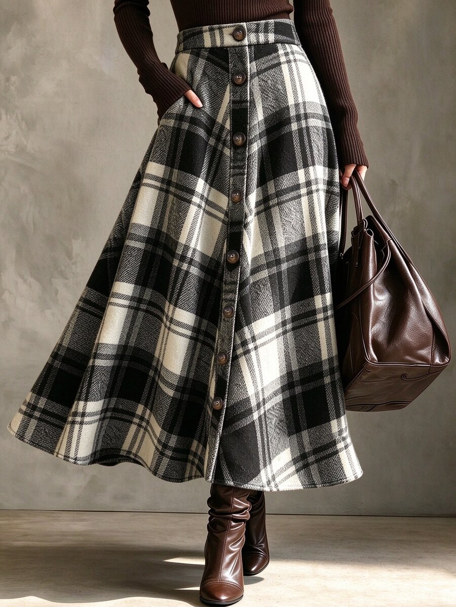 SHEIN Autumn/Winter Black And White Large Plaid High Waist Front Button Slimming Drape A-Line Long Skirt Elegant Outfit For Women Outing - Multicolor - View 1