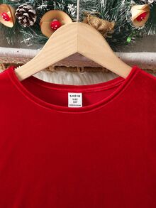 SHEIN Tween Girl Casual Minimalist Comfortable Round Neck Pullover Solid Color Patchwork Plaid Bow Decor Autumn Dress - Red - View 6