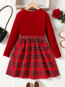 SHEIN Tween Girl Casual Minimalist Comfortable Round Neck Pullover Solid Color Patchwork Plaid Bow Decor Autumn Dress - Red - View 2