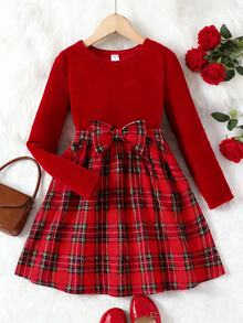 SHEIN Tween Girl Casual Minimalist Comfortable Round Neck Pullover Solid Color Patchwork Plaid Bow Decor Autumn Dress - Red - View 1