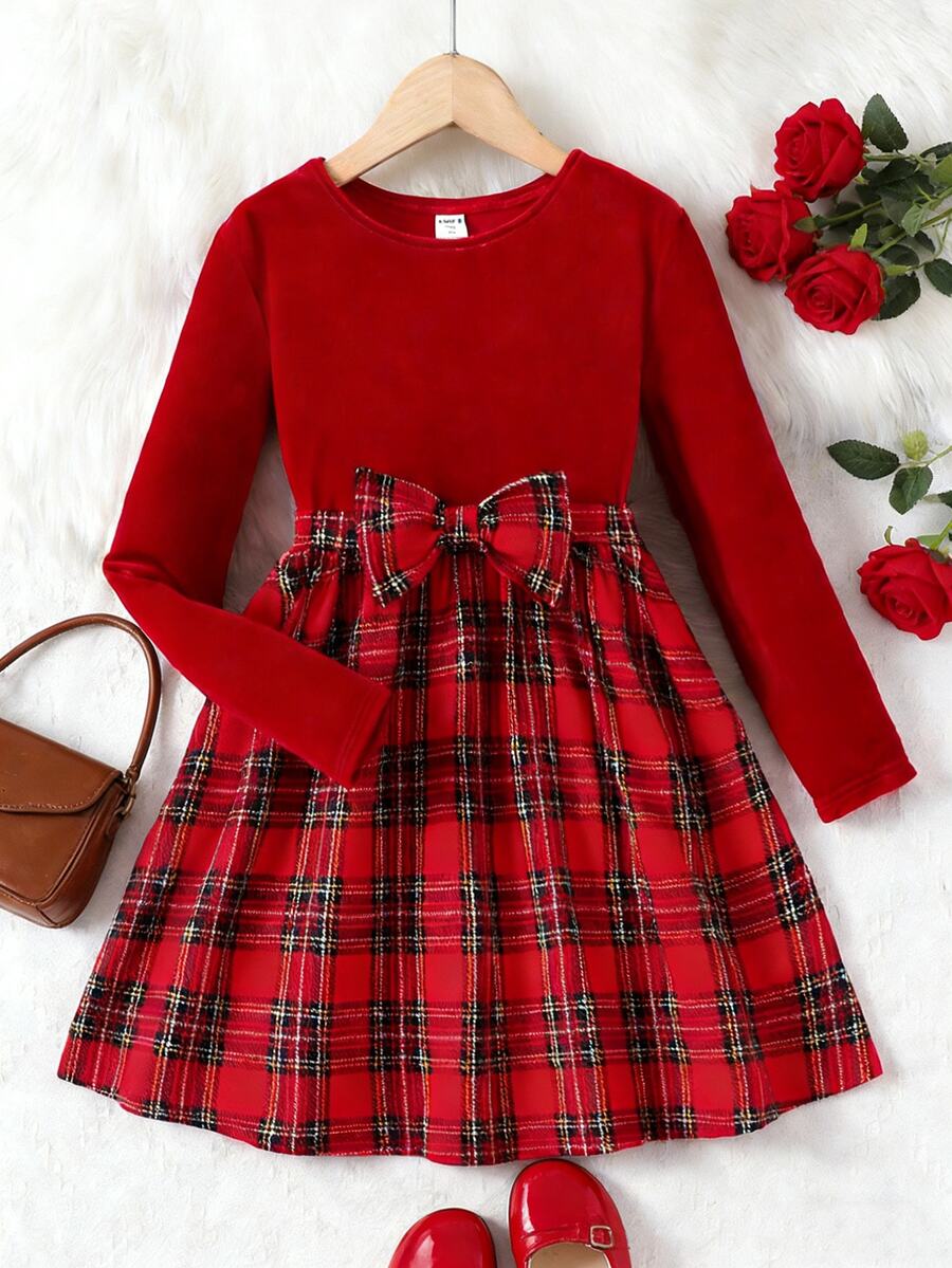 SHEIN Tween Girl Casual Minimalist Comfortable Round Neck Pullover Solid Color Patchwork Plaid Bow Decor Autumn Dress - Red - View 1