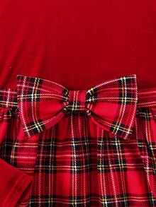 SHEIN Tween Girl Casual Minimalist Comfortable Round Neck Pullover Solid Color Patchwork Plaid Bow Decor Autumn Dress - Red - View 5