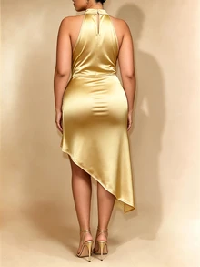 Cravure Plus Size Halter Satin Party Dress, Cowl Neck Lace Patchwork Asymmetrical Evening Dress - Khaki - View 5
