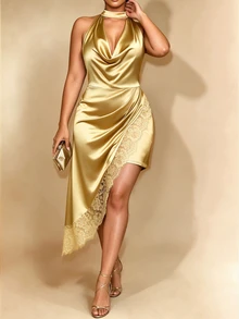 Cravure Plus Size Halter Satin Party Dress, Cowl Neck Lace Patchwork Asymmetrical Evening Dress - Khaki - View 3