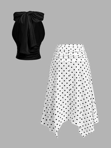 SHEIN MOD Ruched Halter Top And Polka Dot Asymmetrical Hem Skirt Set - Black and White - View 13