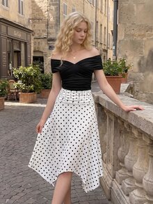 SHEIN MOD Ruched Halter Top And Polka Dot Asymmetrical Hem Skirt Set - Black and White - View 15