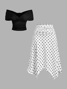 SHEIN MOD Ruched Halter Top And Polka Dot Asymmetrical Hem Skirt Set - Black and White - View 2