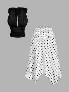 SHEIN MOD Ruched Halter Top And Polka Dot Asymmetrical Hem Skirt Set - Black and White - View 12