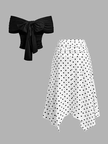 SHEIN MOD Ruched Halter Top And Polka Dot Asymmetrical Hem Skirt Set - Black and White - View 3
