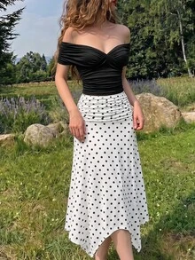 SHEIN MOD Ruched Halter Top And Polka Dot Asymmetrical Hem Skirt Set - Black and White - View 1