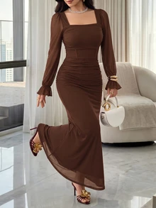 Modelyn Women's Solid Color Mesh Contrast Long Sleeve Casual Dress Long Evening Dresses - Coffee Brown - View 6