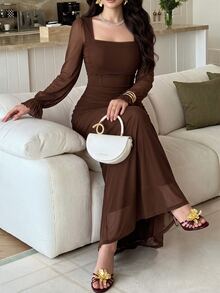 Modelyn Women's Solid Color Mesh Contrast Long Sleeve Casual Dress Long Evening Dresses - Coffee Brown - View 5
