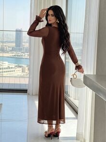 Modelyn Women's Solid Color Mesh Contrast Long Sleeve Casual Dress Long Evening Dresses - Coffee Brown - View 3