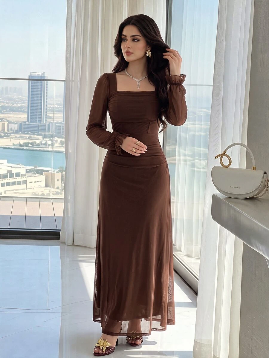 Modelyn Women's Solid Color Mesh Contrast Long Sleeve Casual Dress Long Evening Dresses