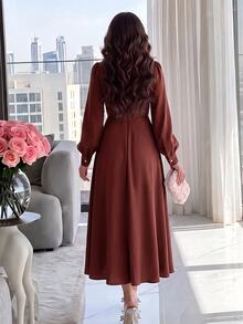 Modelyn Women Elegant Mature Solid Color Lantern Sleeve Midi Dress Fall Long Evening Dinner Party Night Burgundy - Rust Brown - View 2