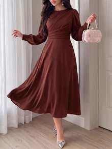 Modelyn Women Elegant Mature Solid Color Lantern Sleeve Midi Dress Fall Long Evening Dinner Party Night Burgundy - Rust Brown - View 3