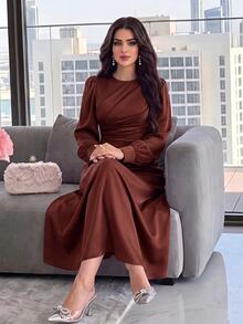 Modelyn Women Elegant Mature Solid Color Lantern Sleeve Midi Dress Fall Long Evening Dinner Party Night Burgundy - Rust Brown - View 4