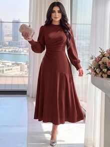 Modelyn Women Elegant Mature Solid Color Lantern Sleeve Midi Dress Fall Long Evening Dinner Party Night Burgundy - Rust Brown - View 1