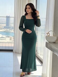Modelyn 1 件女士优雅纯色网眼长裙，秋季长款晚礼服 - 墨綠色 - 查看 2