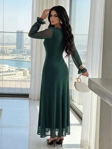 Modelyn 1 件女士优雅纯色网眼长裙，秋季长款晚礼服 - 墨綠色 - 查看 6