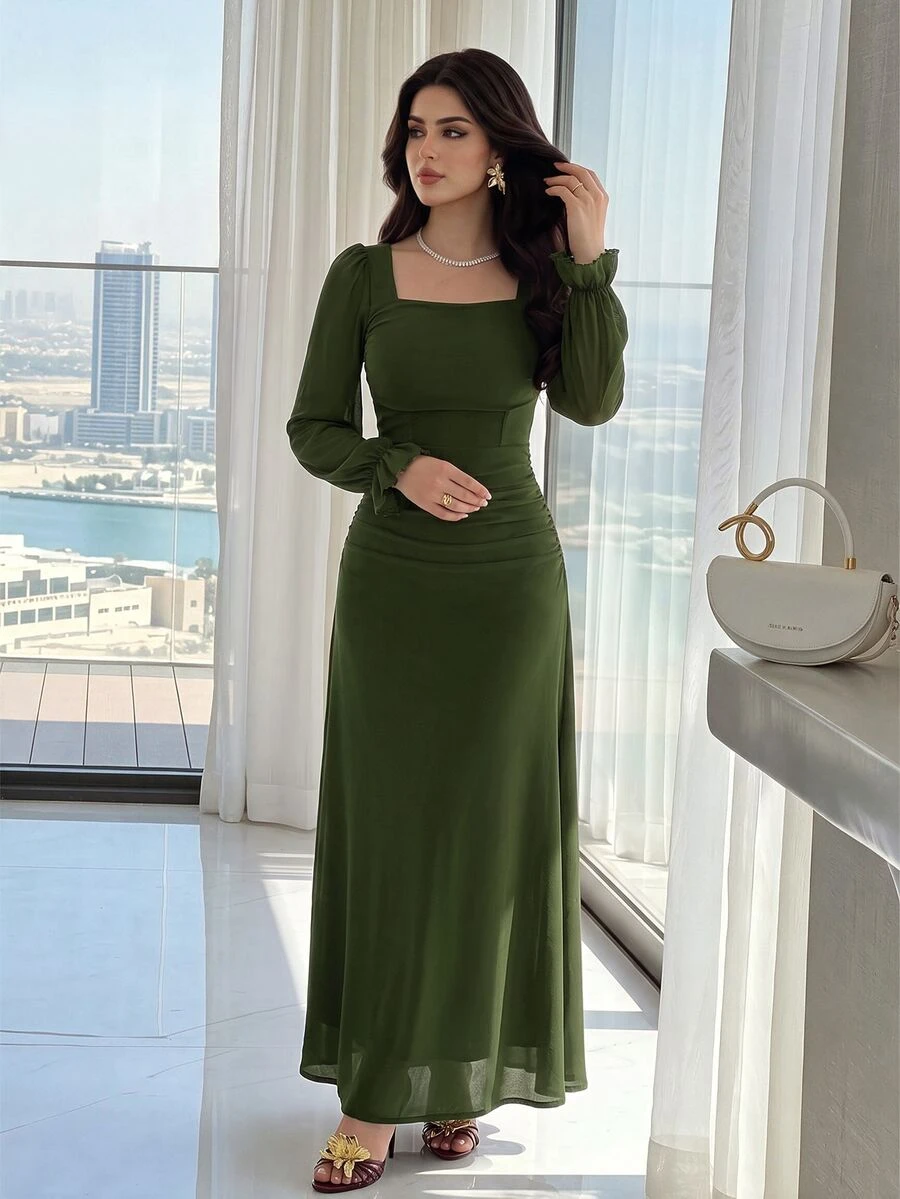 Modelyn 女士方领长袖褶饰鱼尾下摆优雅连衣裙