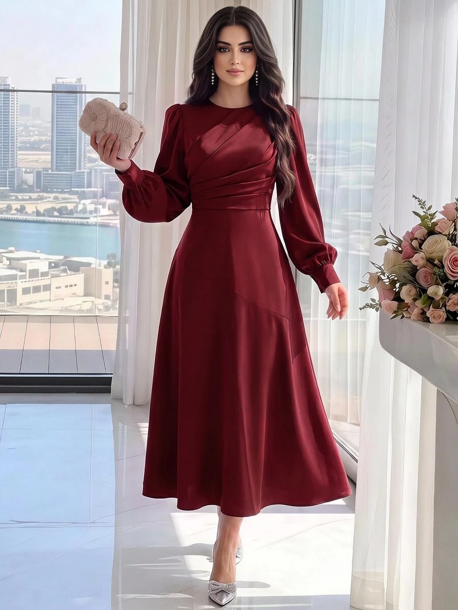 Modelyn Burgundy Red Women Solid Color Round Neck Lantern Sleeve Pleated Elegant Mid-Length Dress, Autumn Long Evening Dresses