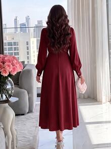 Modelyn Burgundy Red Women Solid Color Round Neck Lantern Sleeve Pleated Elegant Mid-Length Dress, Autumn Long Evening Dresses - Burgundy - View 3