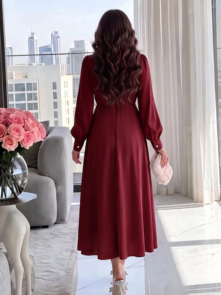 Modelyn Burgundy Red Women Solid Color Round Neck Lantern Sleeve Pleated Elegant Mid-Length Dress, Autumn Long Evening Dresses - Burgundy - View 2