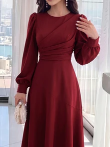 Modelyn Burgundy Red Women Solid Color Round Neck Lantern Sleeve Pleated Elegant Mid-Length Dress, Autumn Long Evening Dresses - Burgundy - View 6