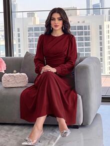 Modelyn Burgundy Red Women Solid Color Round Neck Lantern Sleeve Pleated Elegant Mid-Length Dress, Autumn Long Evening Dresses - Burgundy - View 5