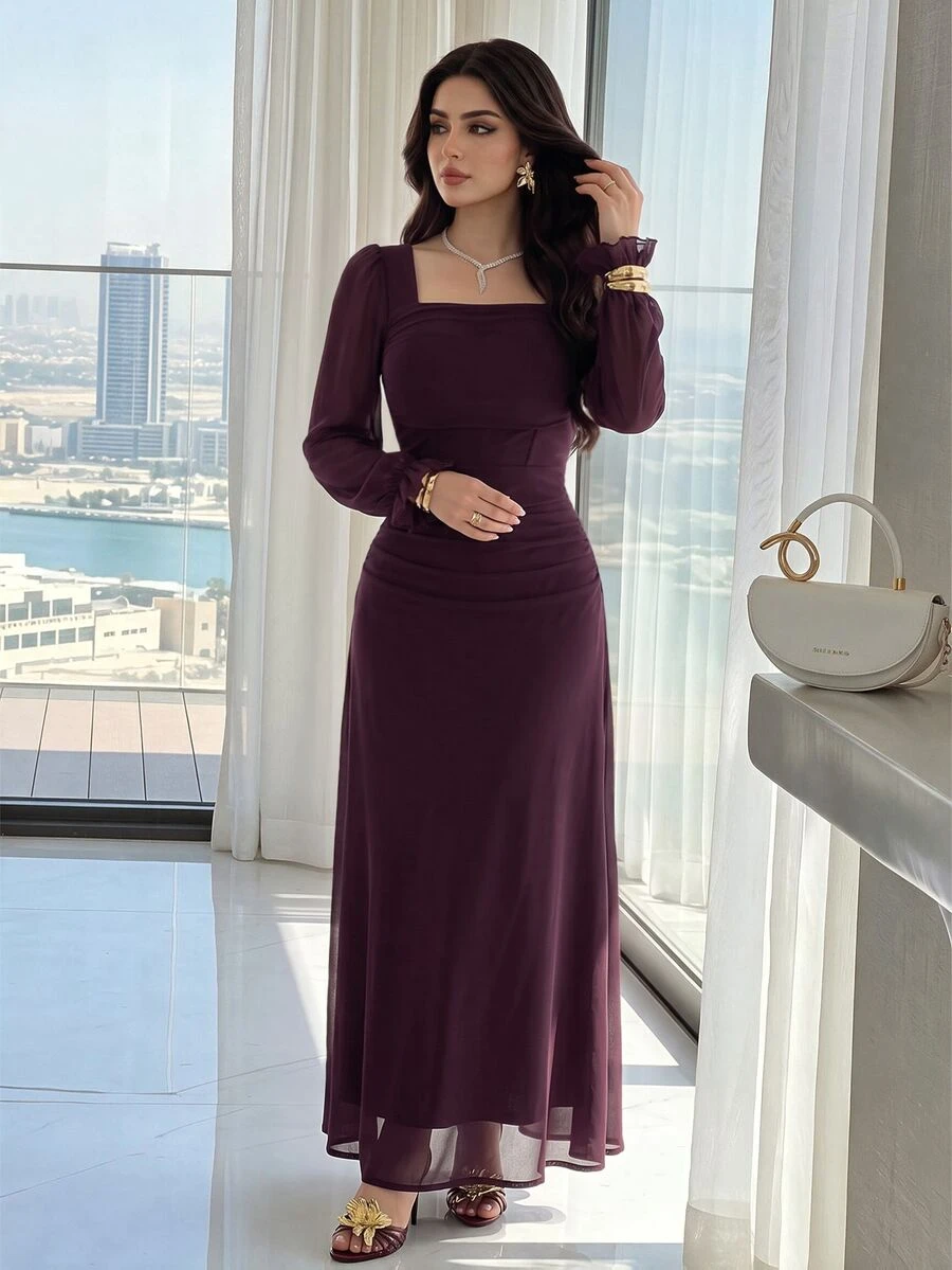 Modelyn 女款優雅純色網紗修身長洋裝,秋季長款晚禮服 - 中紫紅色 - 查看 1